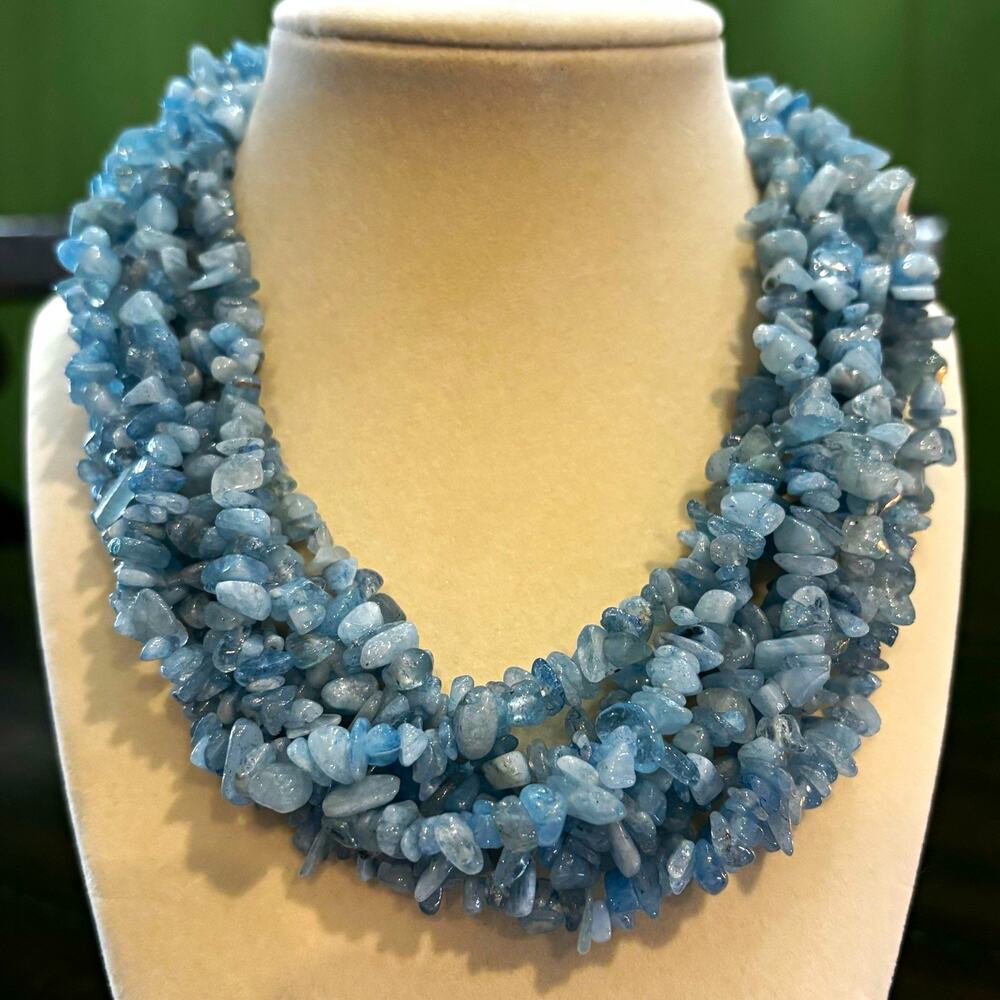 Aquamarine Chip 925 Signed Multi-Strand Bib Statement Necklace Jewelry